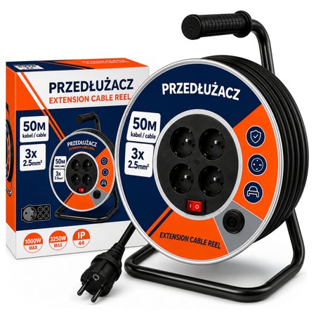 Przedłużacz bębnowy 50m, metalowy bęben, 3x2,5 mm², ogrodowo-budowlany