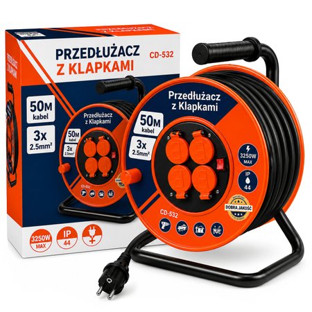 Przedłużacz bębnowy 50m, 3x2,5 mm², ogrodowo-budowlany