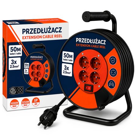 Przedłużacz bębnowy 50m, 3x2,5 mm², ogrodowo-budowlany