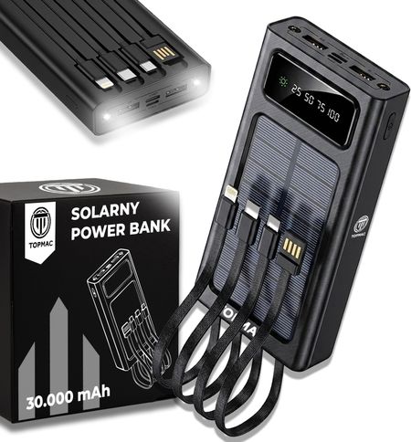 Solarny Powerbank 30000mAh z Wbudowanymi Kablami & LED